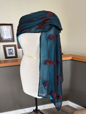 Lightweight Teal Scarf with Burgundy Floral butterfly Accents